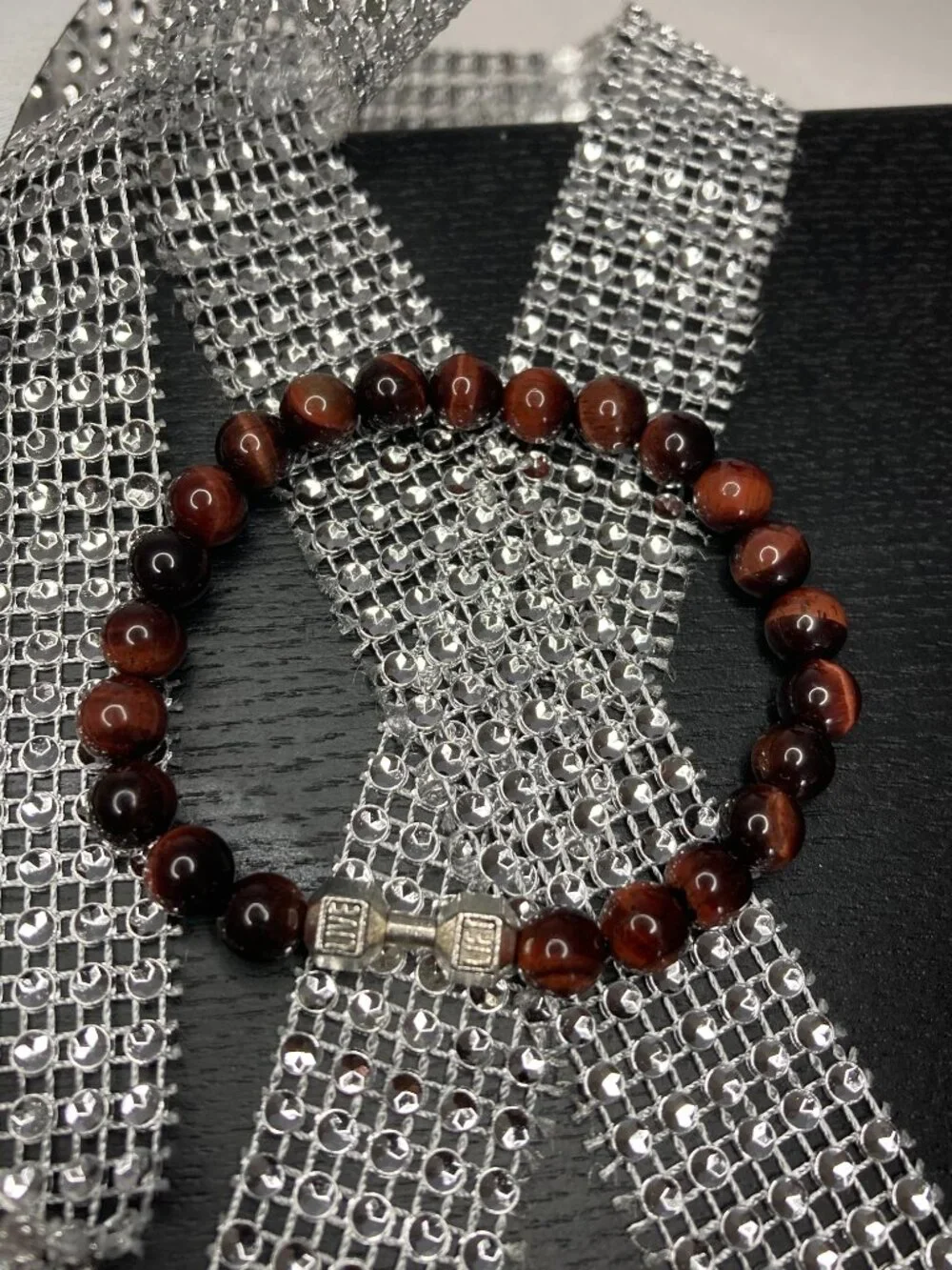 Silver Dumb Bell * Red Tiger Eye Beads